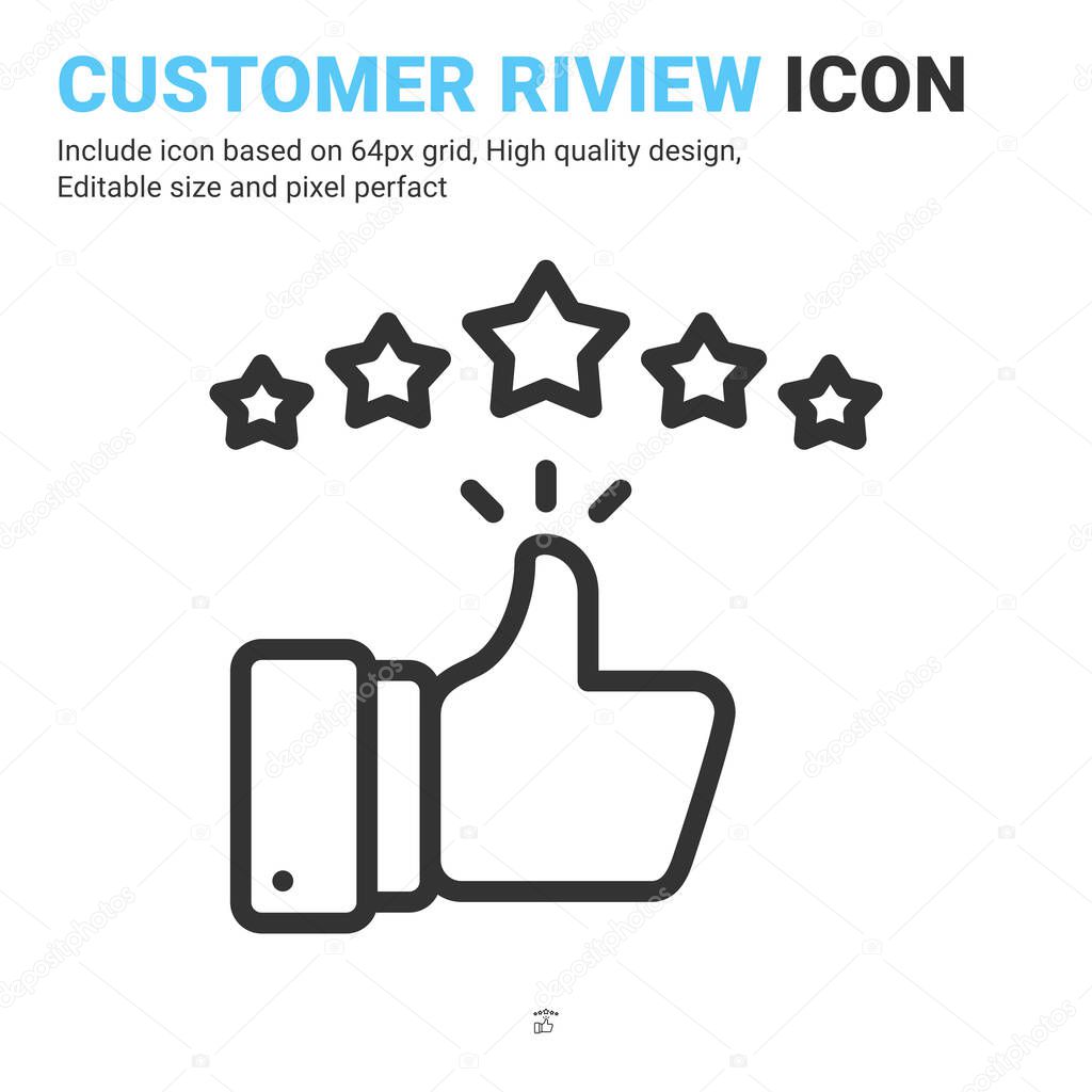 Customer review rating with 5 stars icon vector with outline style isolated on white background. Vector design illustration thumb up with stars sign symbol icon concept for business. Editable stroke