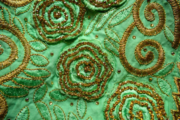 Diseño Del Bordado Floral Tela Verde Perot Tela Fondo Stock —  Fotos de Stock
