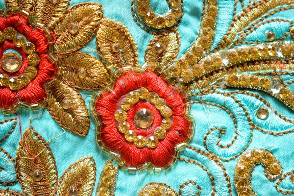 Floral Embroidery Design Cyan Fabric Cloth Background Stock Photograph — Stock Photo, Image