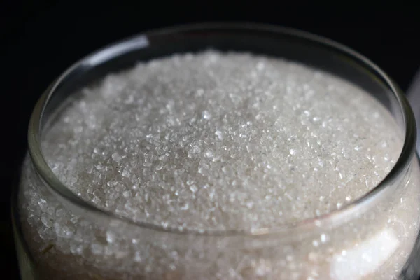 Side View Closeup White Sugar Crystals Open Transparent Glass Jar — Stock Photo, Image