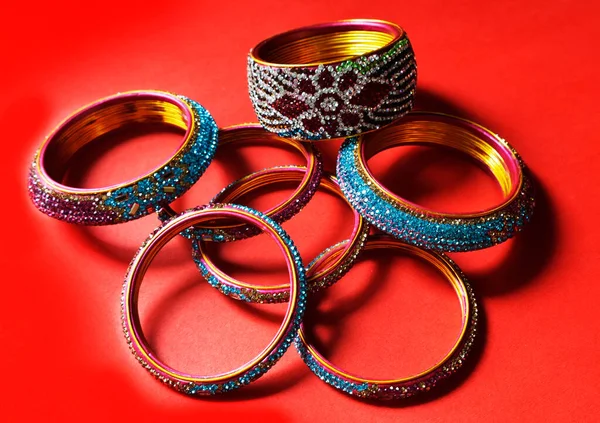 Bridel Bangles Wedding Top View Red Color Background Stock Photograph — Stock Photo, Image