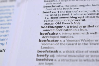 İngilizce Tanımlama Sözlüğü Sayfası - Beefburger 'in Yazılmış Kelimesinin Kapanışı