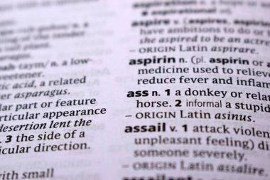 English Definition Dictionary Page Close Up Of Printed Word Of -ass
