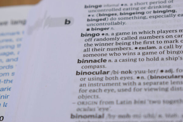 English Dictionary Page Close Up With the Word Of -binnacle