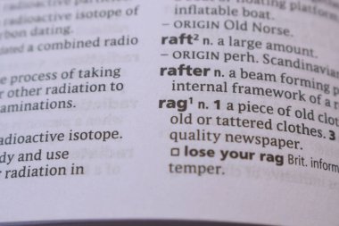 English Dictionary Book Page Close Up With The Word Definition Of - rag