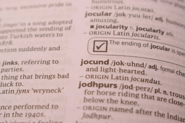 İngilizce Sözlük Sayfası - jocund 'un Sözcük Transkripsiyonu ile Kapat