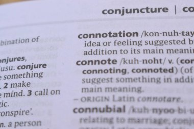 English Dictionary Book Page Close Up With The Word Definition Of - connotation