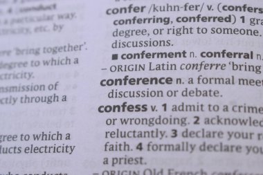 English Dictionary Book Page Close Up With The Word Transcription Of -conference
