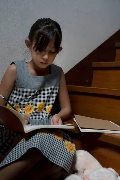 Küçük Kız Kitap Yazıyor Evdeki Merdivenlerde Kurabiye Yiyor Kavramından Öğren — Stok fotoğraf