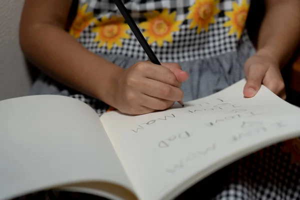 Küçük Kız Kitap Yazıyor Evdeki Merdivenlerde Kurabiye Yiyor Kavramından Öğren — Stok fotoğraf