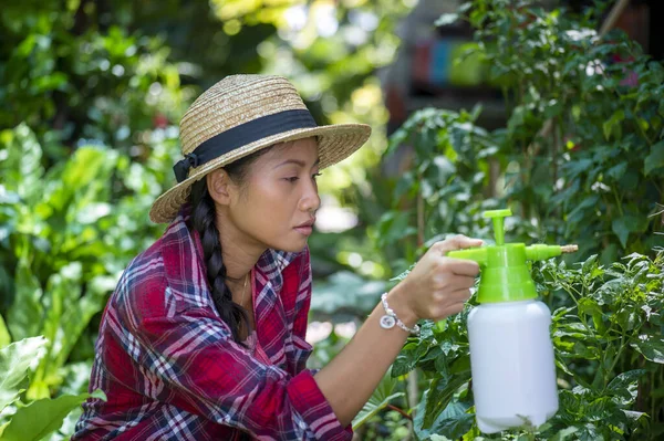 Mujer Asiática Joven Cuidando Plantas Una Pequeña Tienda Jardín — Foto de Stock