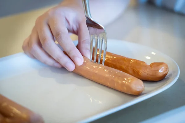 Close Hands Use Fork Puncturing Homemade Sausage Prepare Family Party — Foto Stock