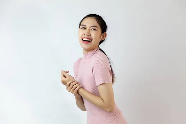 Alegre Feliz Ásia Mulher Olhando Para Câmera Sorrindo Rindo Sobre — Fotografia de Stock