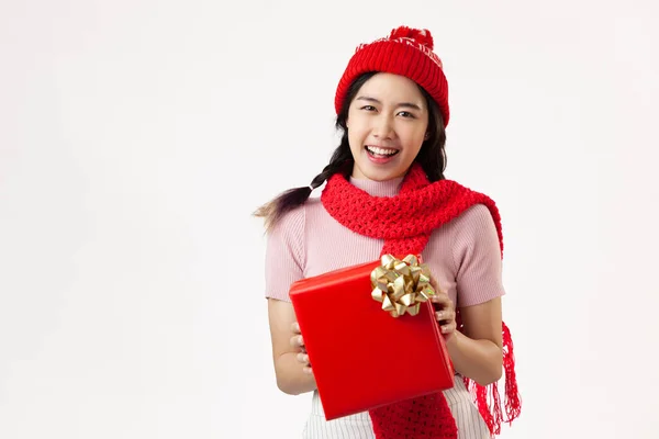 Mulher Bonita Ásia Usar Chapéu Vermelha Cachecol Vermelho Natal Menina — Fotografia de Stock