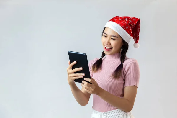 Retrato Bonito Jovem Asiático Mulher Desgaste Natal Chapéu Com Sorriso — Fotografia de Stock