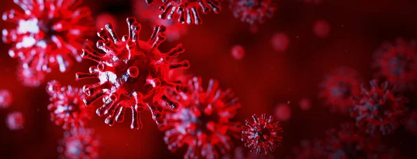 Covid 3D赤旗コロナウイルス2019 Ncovインフルエンザ発生 浮遊インフルエンザウイルス細胞の顕微鏡観察 — ストック写真