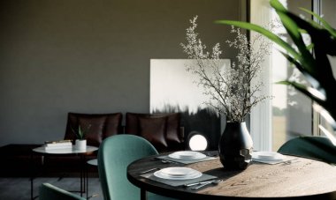 Modern klasik oda, yuvarlak bir yemek masasında iç tasarım, tabak, çiçek, kaşık ve çatal hazırlıyor. 3B arkaplan illüstrasyonu