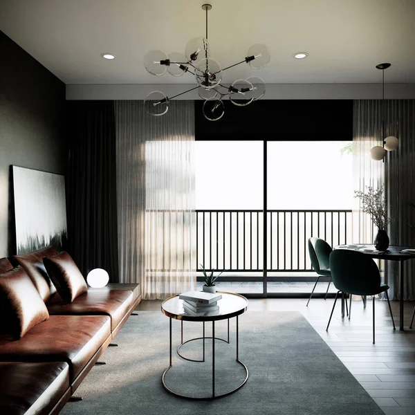 现代经典的绿色房间模仿室内设计 当代公寓概念 有阳台的房间 3D背景说明 — 图库照片