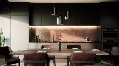 Mobilyalı modern odanın içinde. Çağdaş apartman tarzı. Görüntüyü büyüt 4k animasyon