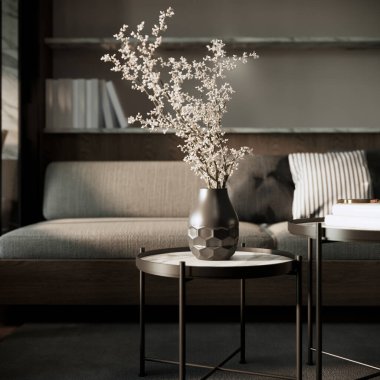 Minimum oda iç tasarım modelleri. Odada bir vazoda çiçek var. 3B arkaplan illüstrasyonu