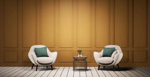 Diseño Interior Sala Estar Con Pared Amarilla Suelo Blanco Mockup — Foto de Stock