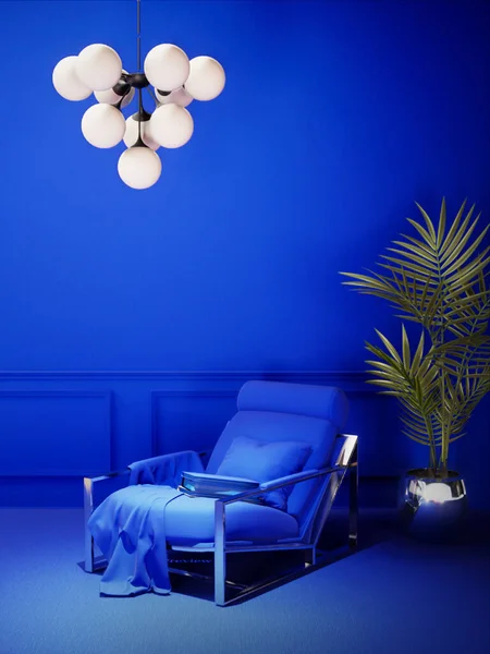 Modern Living Room Interior. blue room mockup stylish, vintage living room interior 3d render