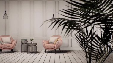 Mobilyaları ve beyaz duvarları olan klasik oturma odasının içi, soldan çekim, 3D video animasyonu