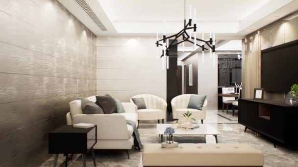 luxusní design interiéru obývacího pokoje, pan pravý záběr, video 3D animace