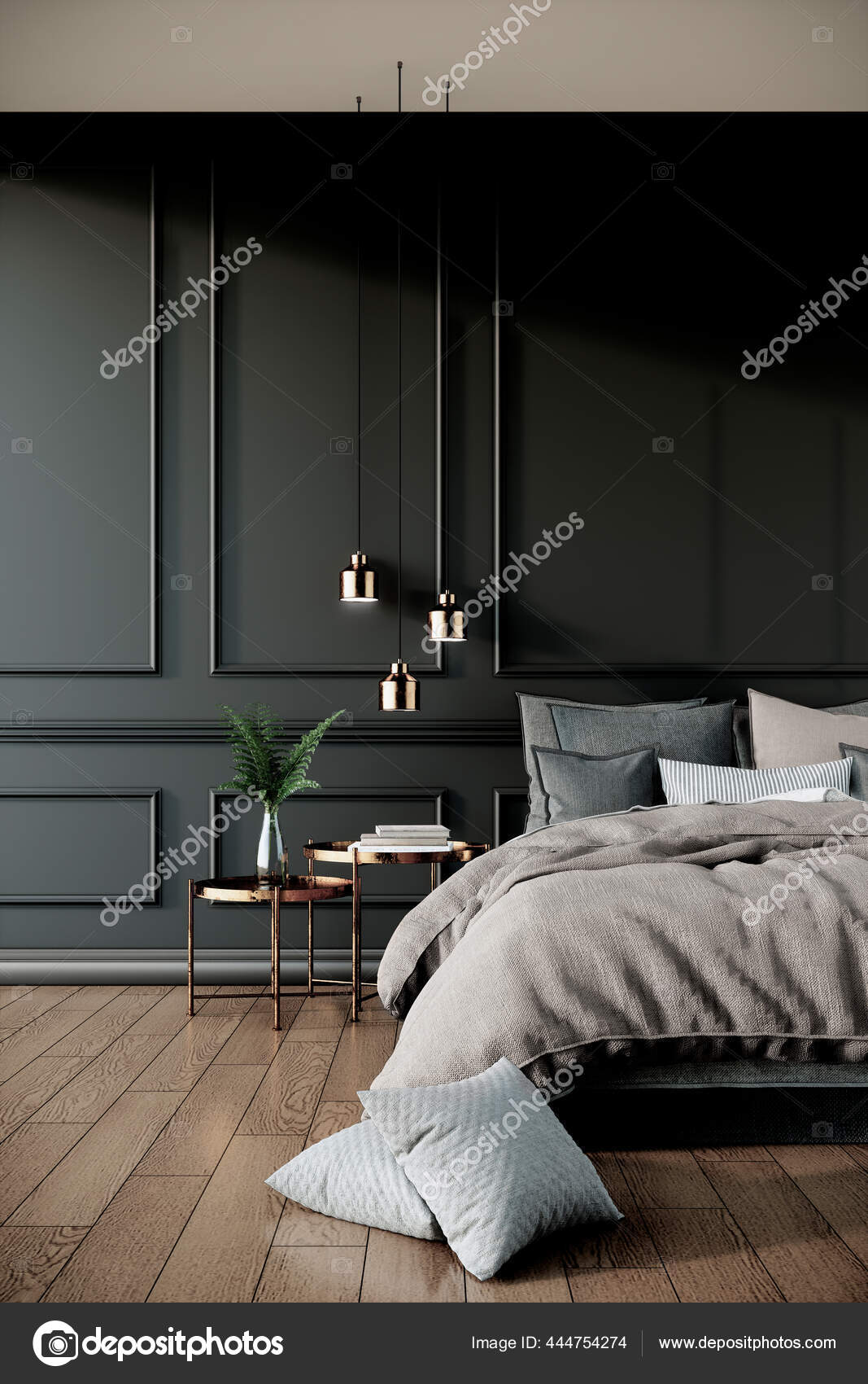 Black Modern Classic Bedroom Interior Design Furniture Rendering Background  Vertical — Stock Photo © CREATIVEWONDER #444754274, image size:1067x1700