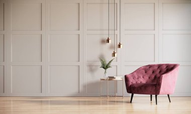 modern klasik oda içi kırmızı koltuk ve ahşap zeminli masa ve beyaz duvar, 3D işlemeli arka plan