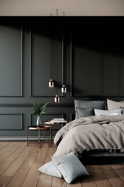 Mobilyalı siyah modern yatak odası iç tasarımı, 3 boyutlu dikey görünüm
