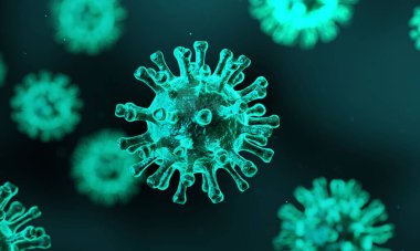 Coronavirus 2019-ncov gribi salgını, covid-19 3d yeşil pankart çizimi, yüzen grip virüsü hücrelerinin mikroskobik görüntüsü
