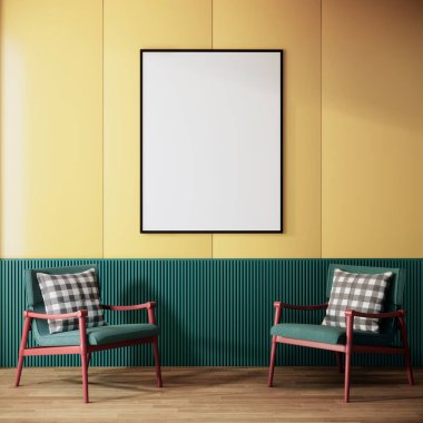 Boş resim çerçevesi, sarı duvar, oda içi, 3D görüntüleme.