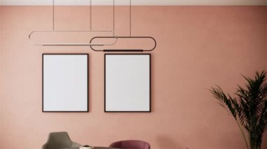 3D oturma odasının içini turuncu duvarla donatmış ve boş fotoğraf çerçevesi ve çömlek ile süslenmiş..
