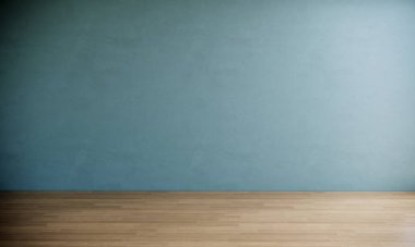 Mavi duvarlı, minimal boş oda içi, 3 boyutlu görüntüleme arkaplanı