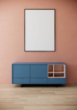 dikey çerçeve modern oda içi, kabin, ahşap zemin ve pembe duvar, 3D görüntüleme