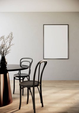 dikey çerçeve, modern yemek odasındaki gibi siyah sandalyeler, yuvarlak yemek masası, ahşap zemin ve beyaz duvarlı, 3D çizim.