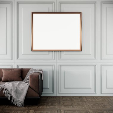 Boş çerçeve, modern oturma odasının içinde kahverengi kanepe, ahşap zemin ve klasik beyaz duvar, 3D çizim.