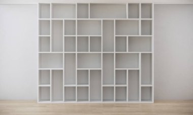 Beyaz rafları olan bir oda. Beyaz duvarda açık dolap ve ahşap zemin. 3 boyutlu.