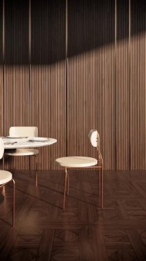 Modern yemek odası iç tasarımı, çağdaş kafe konsepti, kuşların bakış açısı sağ çekim, video 4k 3d animasyon