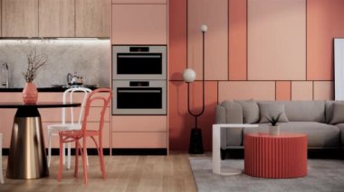 Mobilyalı modern odanın içinde. Çağdaş apartman tarzı. Odanın şeftali desenli duvarı var, sağa yatır video 4k animasyonu