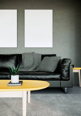 Boş çerçeve, modern oturma odasının içinde siyah kanepe ve klasik gri duvar, 3D görüntüleme ile modellenir.