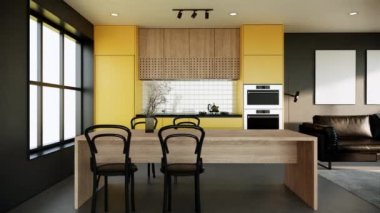 Mobilyalı modern odanın içinde. Çağdaş apartman tarzı. Odanın sarı duvarı var. Görüntüyü büyüt. 4K animasyon.