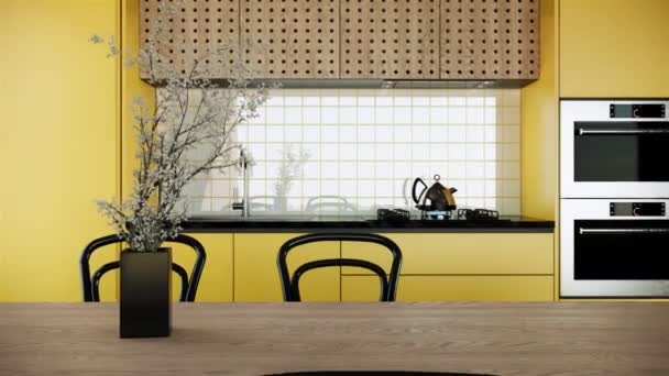 家具付きのモダンな部屋のインテリア 現代的なアパートメントスタイル 部屋には黄色い壁がありビデオをズームアウト4Kアニメーション — ストック動画