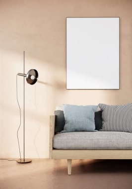 dikey çerçeve modern bej oturma odasının iç dekorasyonu kanepe, 3D görüntüleme