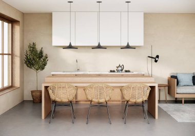 japandi modern scandinavian style apartment interior, kitchen design, 3d background clipart
