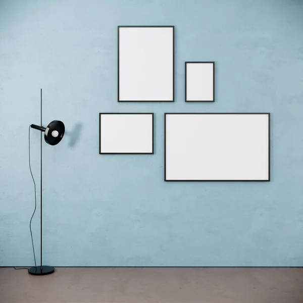 Blank picture frames mock up on light blue color wall, modern room interior, 3d rendering