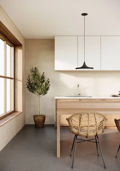 Japandi Modern Skandinavisk Stil Lägenhet Interiör Kök Design Bakgrund Vertikal — Stockfoto