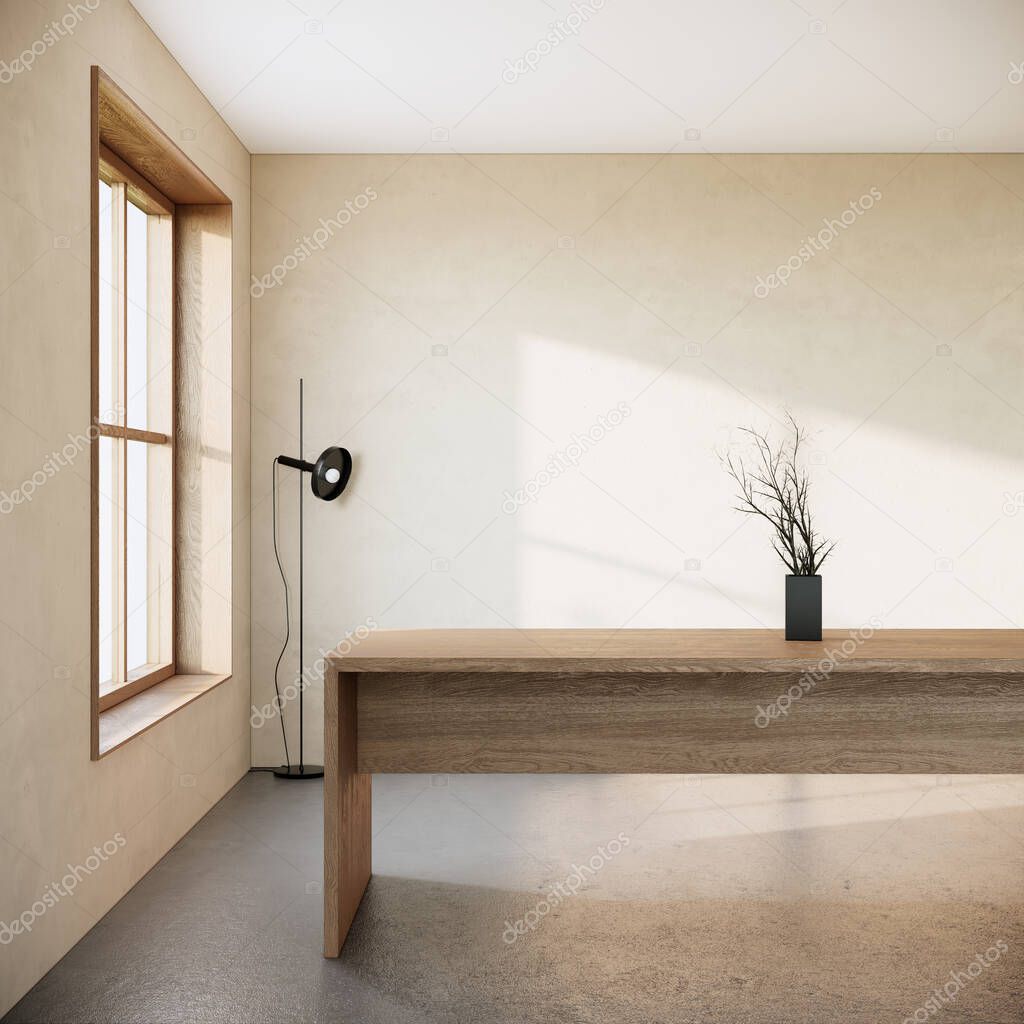 modern scandinavian room interior with cream wall, window and wooden table, studio disign 3d rendering