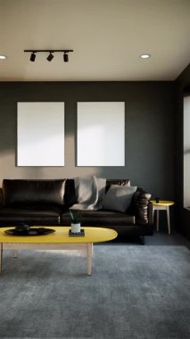 Sarı ve gri, stüdyo daire dekorasyonunu siyah deri kanepe sarı tezgah ve yemek alanında mikrodalga fırın olan dolap mutfağıyla süslüyor. 3D iç yapı oluşturma.